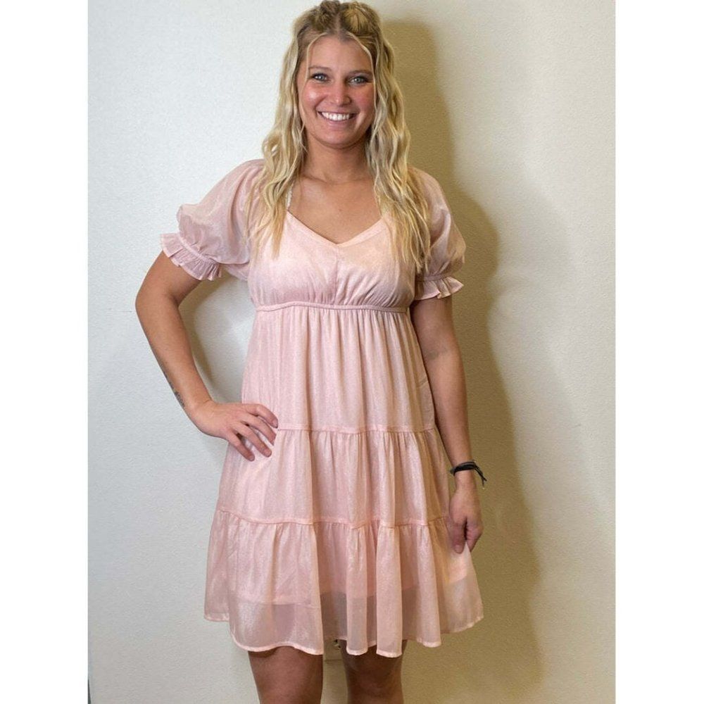 Andree by Unit Shimmery Blush Dress Babydoll Pink Puff Sleeves Tiered New D10039
